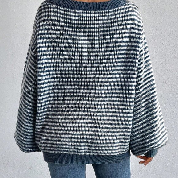 Blue Casual Womens Striped Pattern Drop Shoulder Sweater - Picture 2 of 5